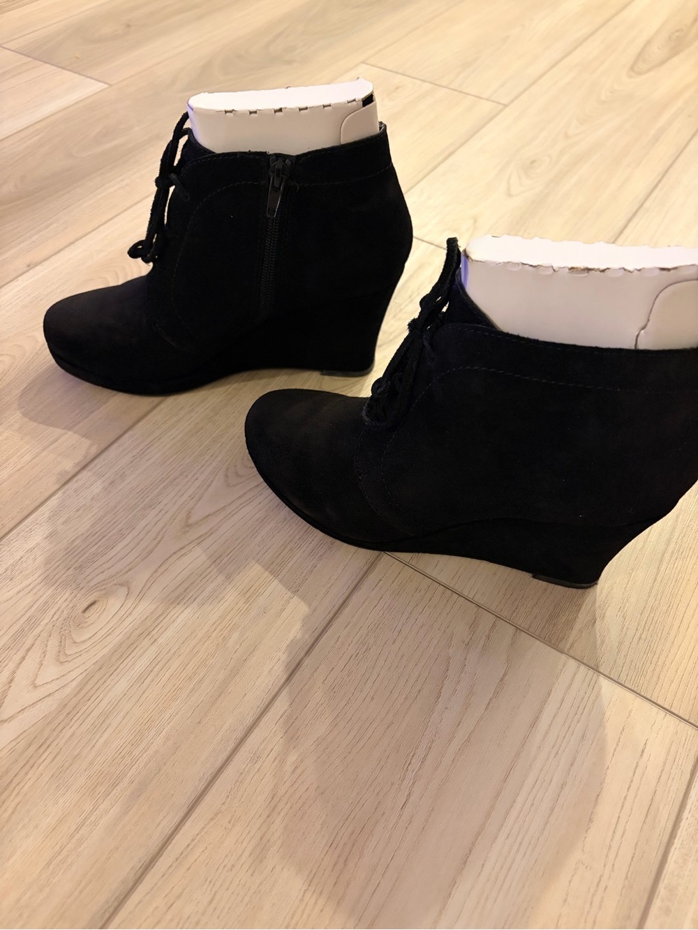 Suede Lace-Up Wedge Ankle Boots - Black